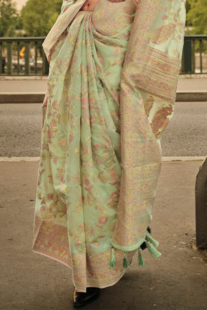 Iguana Green Kashmiri Modal Organza Silk Saree