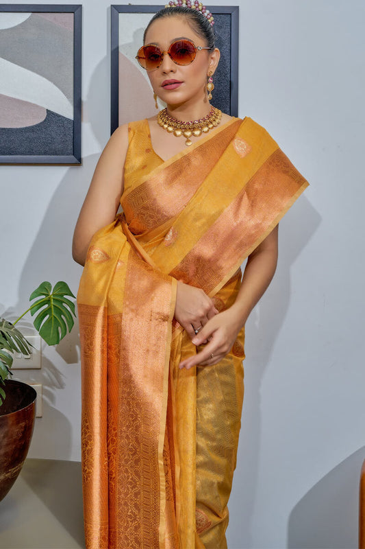 Indian Yellow Banarasi Tissue Silk Saree