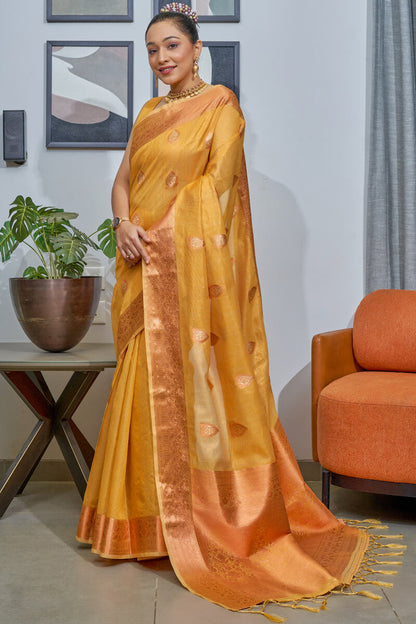 Indian Yellow Banarasi Tissue Silk Saree