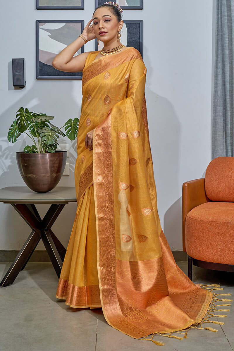 Indian Yellow Banarasi Tissue Silk Saree