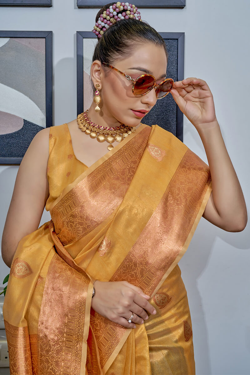 Indian Yellow Banarasi Tissue Silk Saree