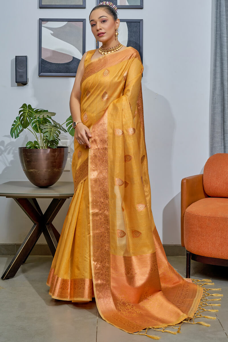 Indian Yellow Banarasi Tissue Silk Saree