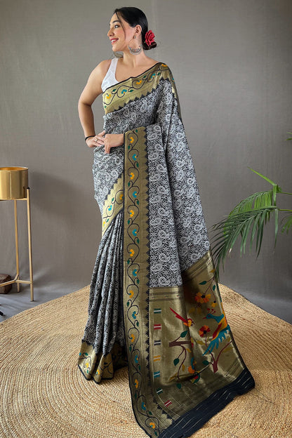 Iridium Black Lucknowi Woven Paithani Silk Saree