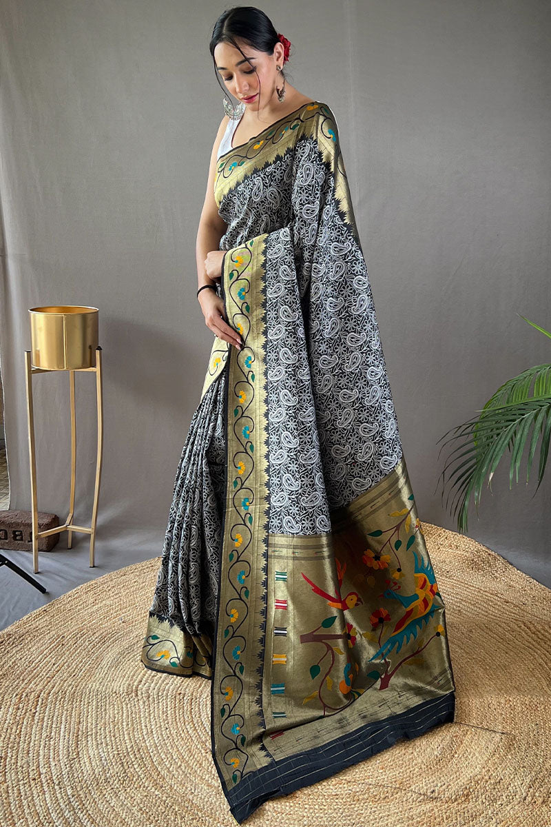 Iridium Black Lucknowi Woven Paithani Silk Saree
