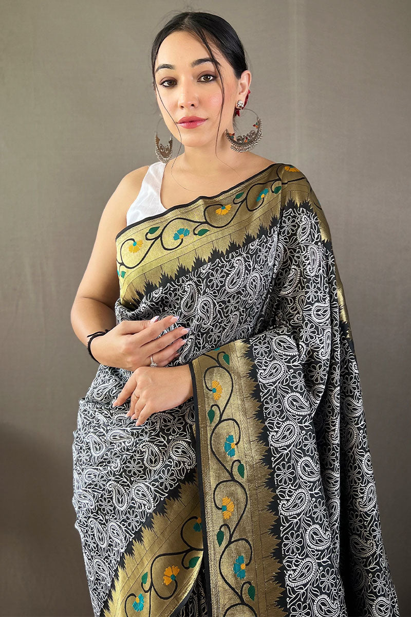 Iridium Black Lucknowi Woven Paithani Silk Saree