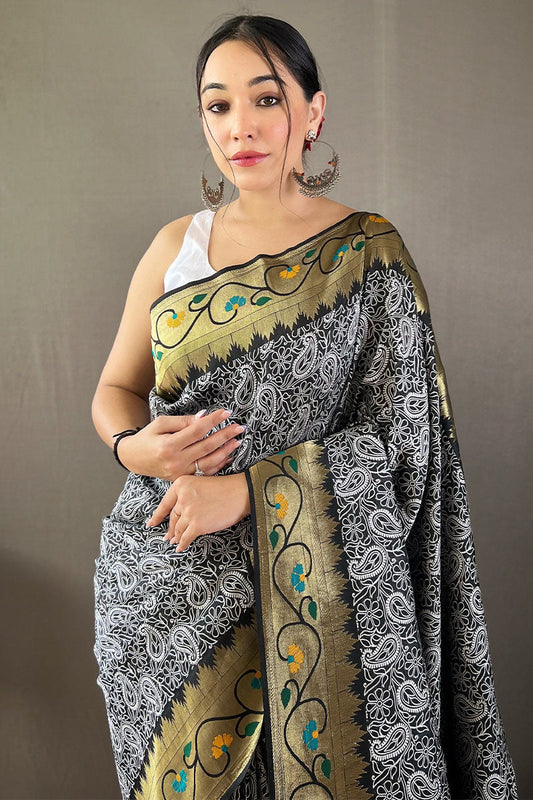 Iridium Black Lucknowi Woven Paithani Silk Saree