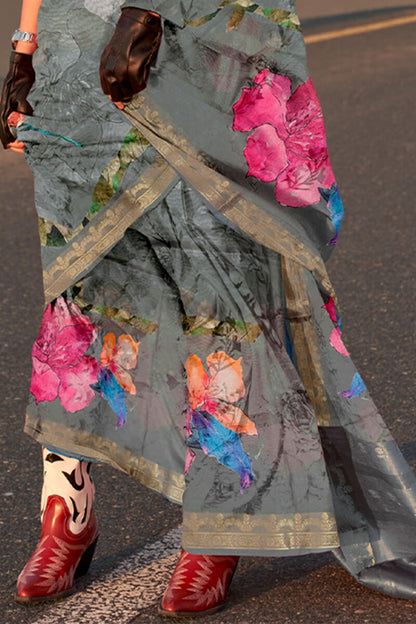 Ironside Grey Printed Tussar Silk Saree