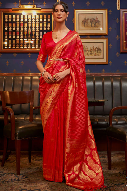Jasper Red Zari Woven Satin Silk Saree