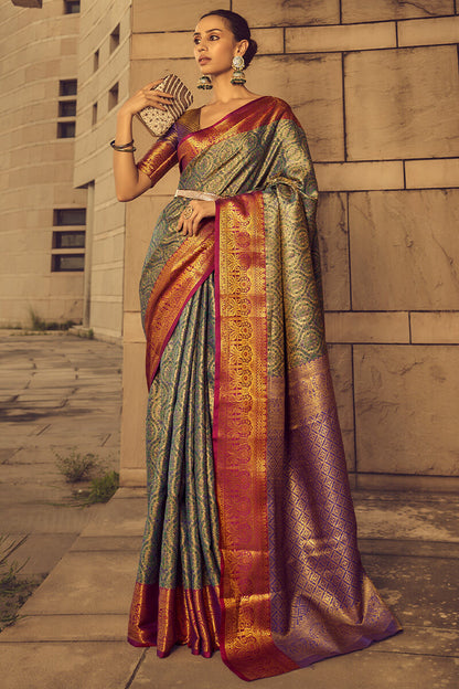Kelp Green Woven Banarasi Brocade Silk Saree