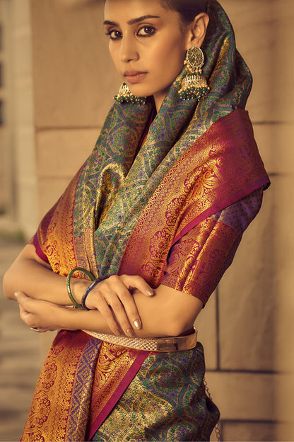 Kelp Green Woven Banarasi Brocade Silk Saree