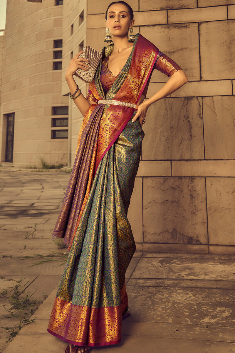 Kelp Green Woven Banarasi Brocade Silk Saree
