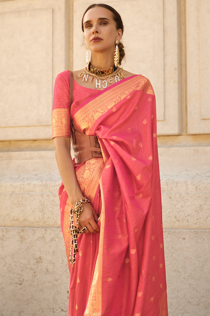 Light Carmine Pink Zari Woven Banarasi Silk Saree