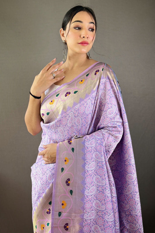 Light Lavender Lucknowi Woven Paithani Silk Saree