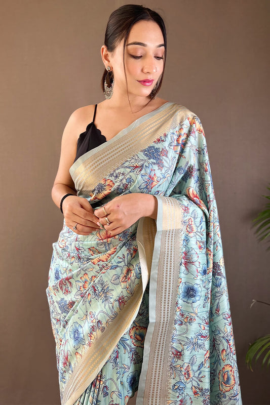 Light Sky Blue Printed Soft Silk Saree