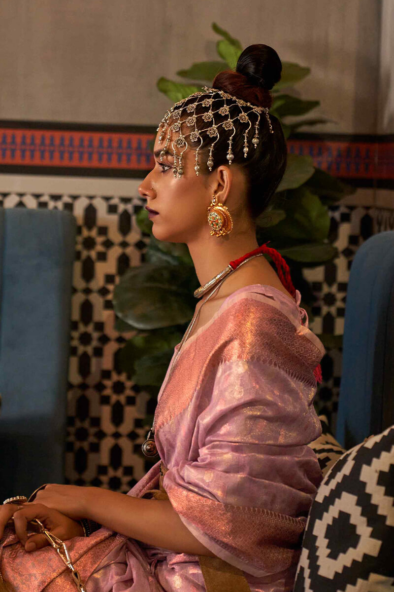 Lilac Lavender Banarasi Tissue Woven Silk Saree with Copper Zari