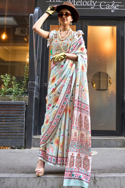 Lily White Printed Satin Georgette Silk Saree