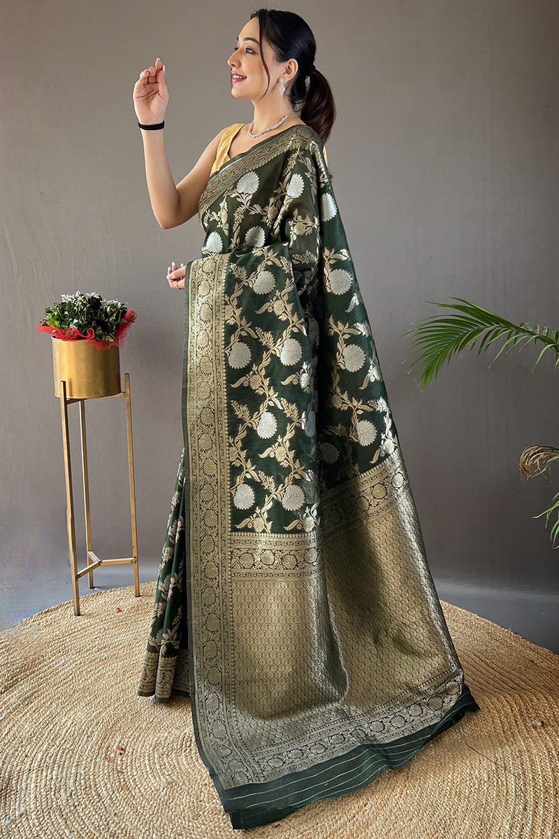 Lunar Green Zari Woven Linen Silk Saree