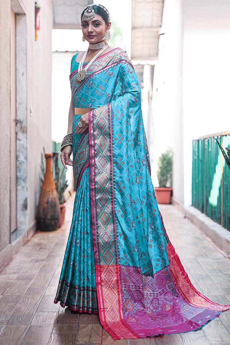 Macaw Blue Zari Woven Patola Silk Saree
