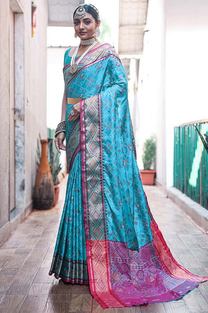 Macaw Blue Zari Woven Patola Silk Saree