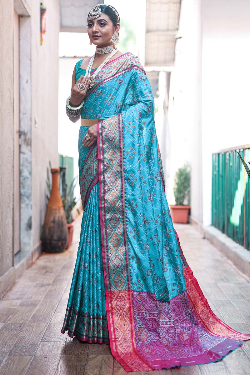 Macaw Blue Zari Woven Patola Silk Saree