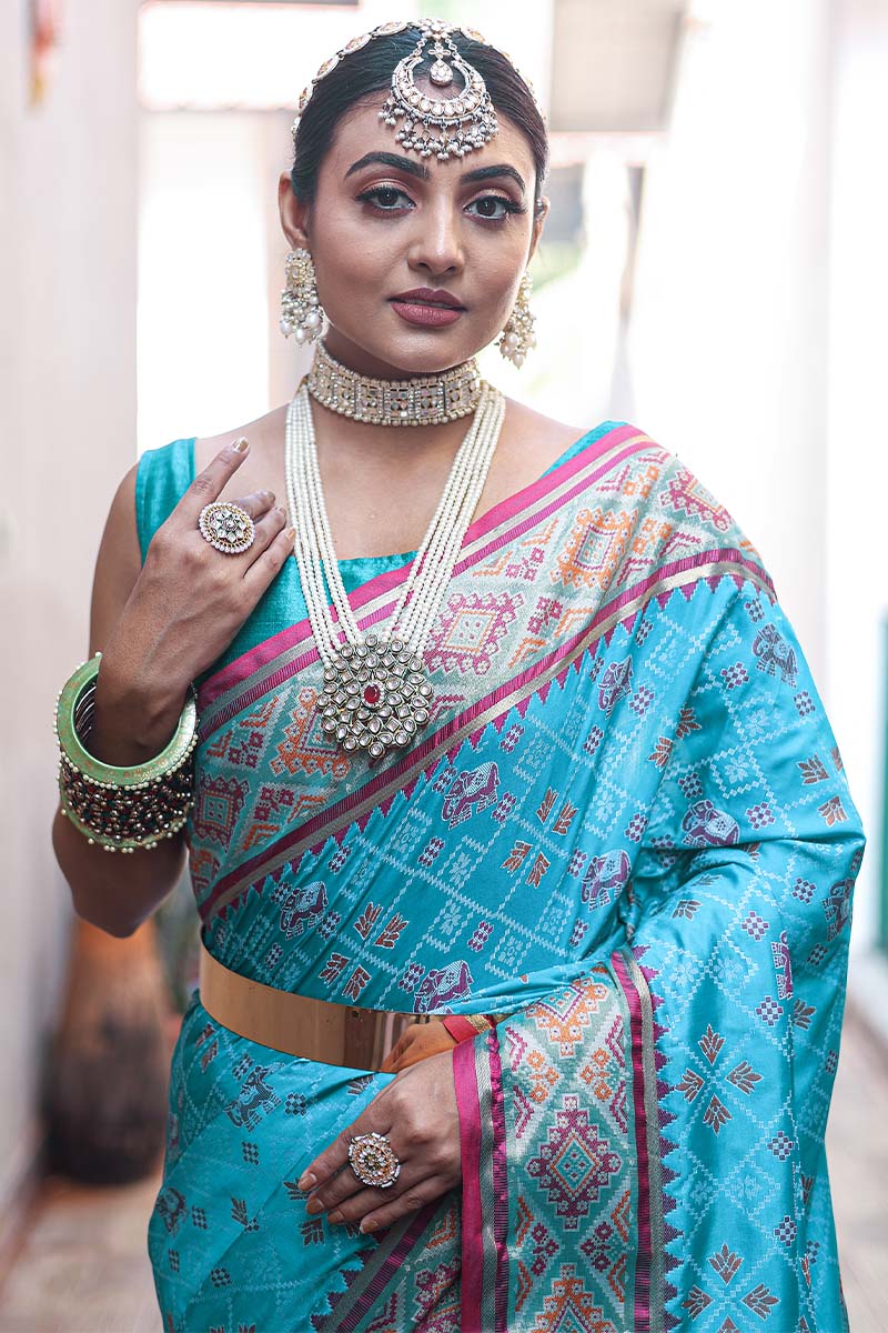 Macaw Blue Zari Woven Patola Silk Saree