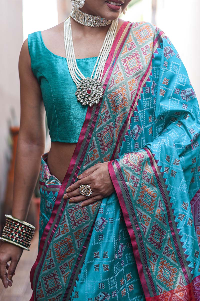 Macaw Blue Zari Woven Patola Silk Saree