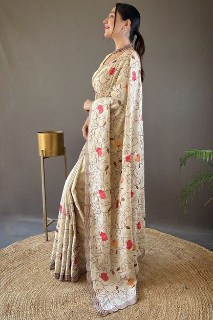 Maize Beige Embroidered Work Tussar Silk Saree