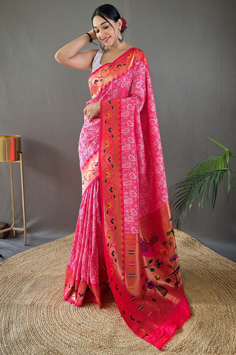 Medium Pink Lucknowi Woven Paithani Silk Saree