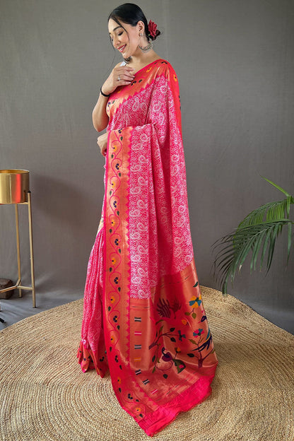 Medium Pink Lucknowi Woven Paithani Silk Saree