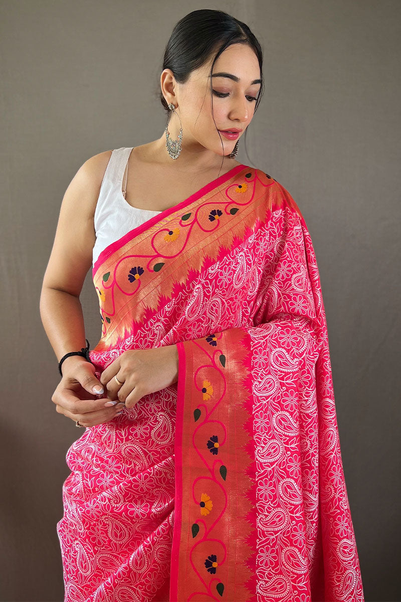 Medium Pink Lucknowi Woven Paithani Silk Saree