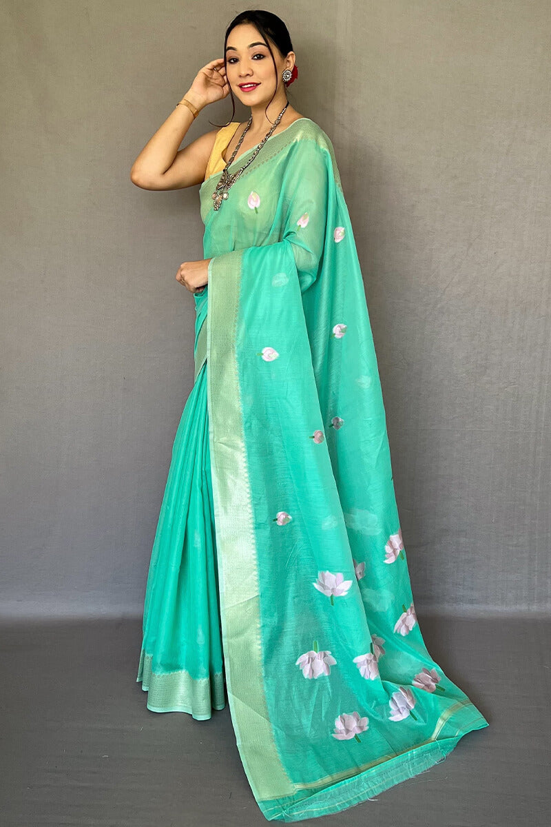 Medium Turquoise Printed Linen Saree