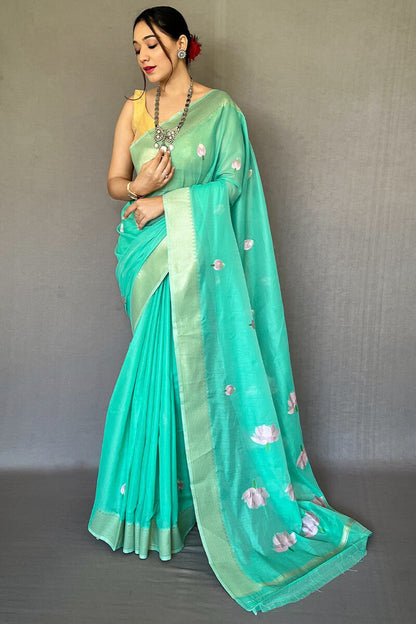 Medium Turquoise Printed Linen Saree