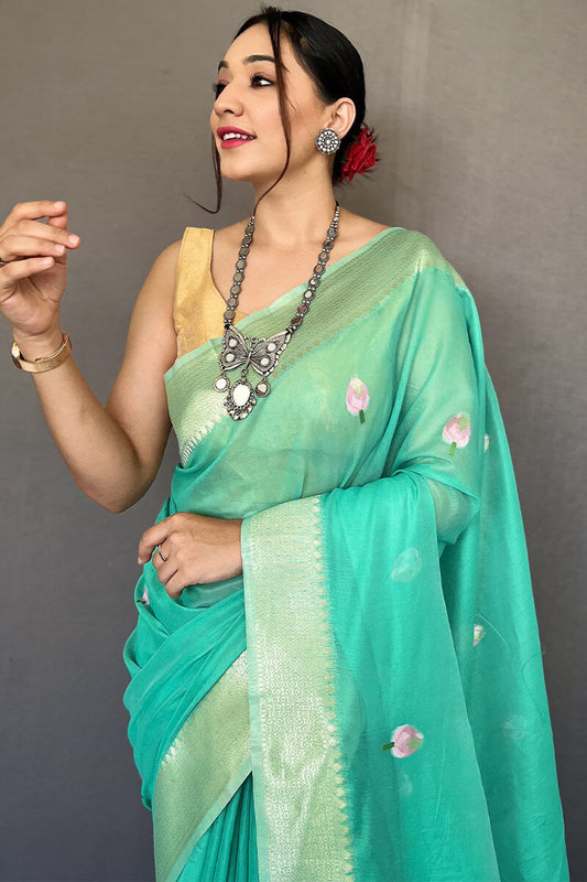 Medium Turquoise Printed Linen Saree
