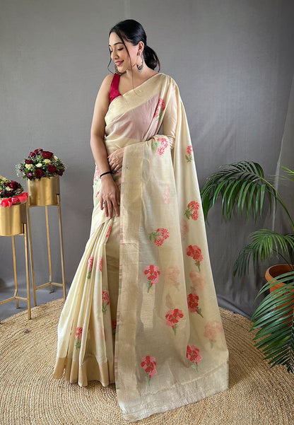 Merino Beige Embroidered Work Cotton Saree