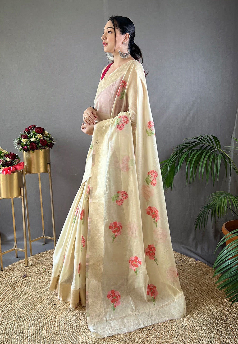 Merino Beige Embroidered Work Cotton Saree