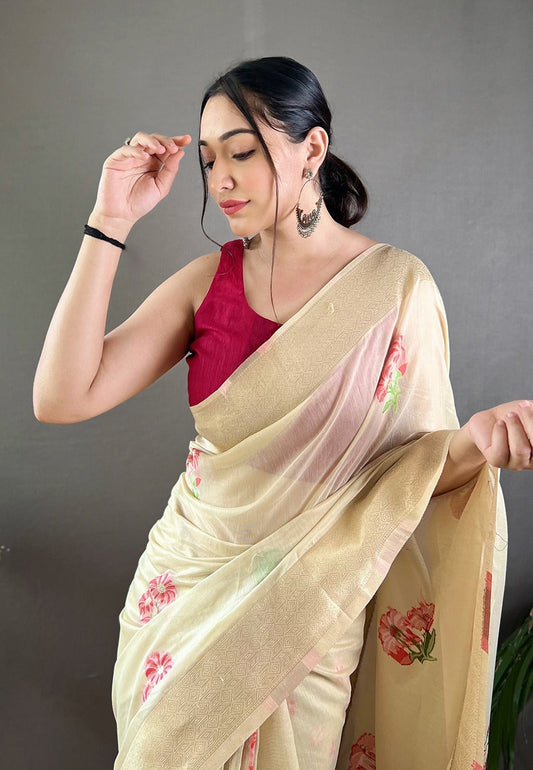 Merino Beige Embroidered Work Cotton Saree