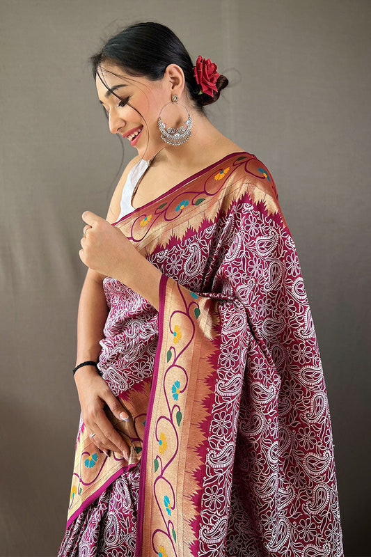 Merlot Wine Lucknowi Woven Paithani Silk Saree