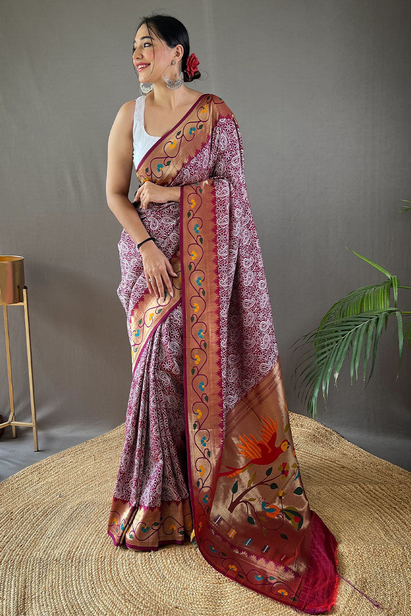 Merlot Wine Lucknowi Woven Paithani Silk Saree