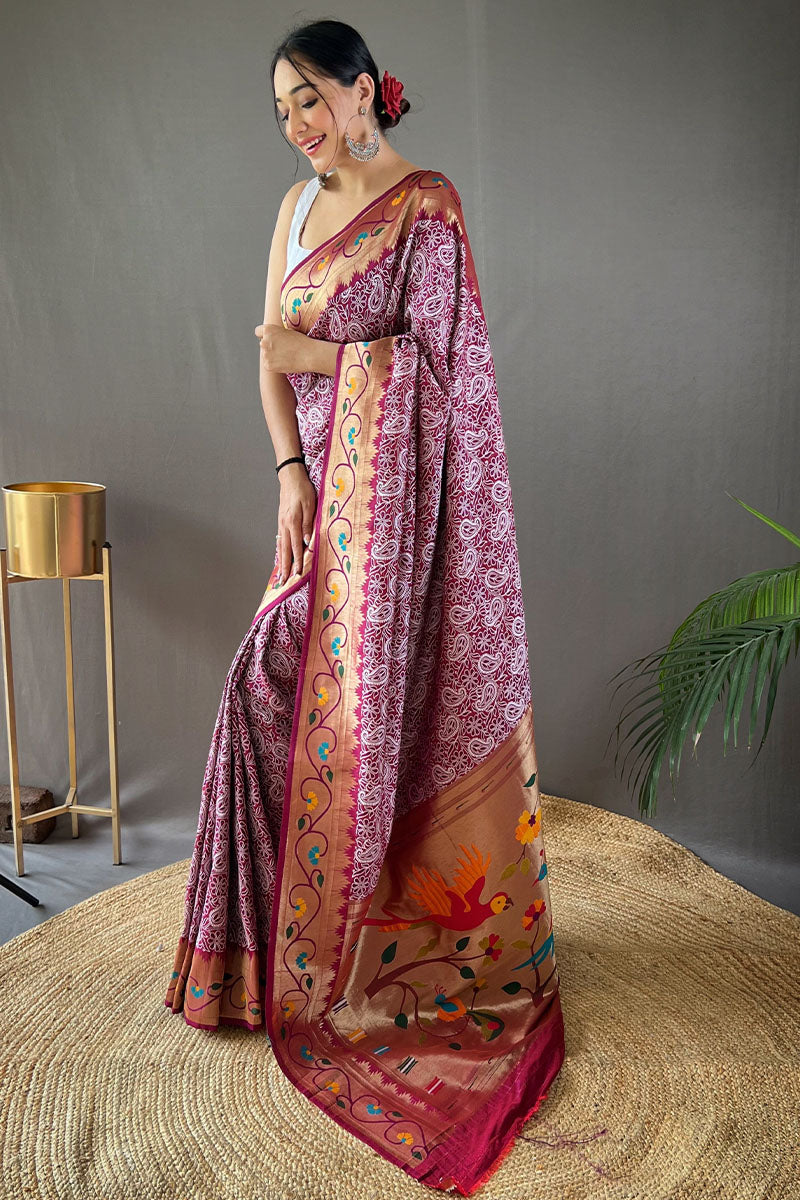 Merlot Wine Lucknowi Woven Paithani Silk Saree