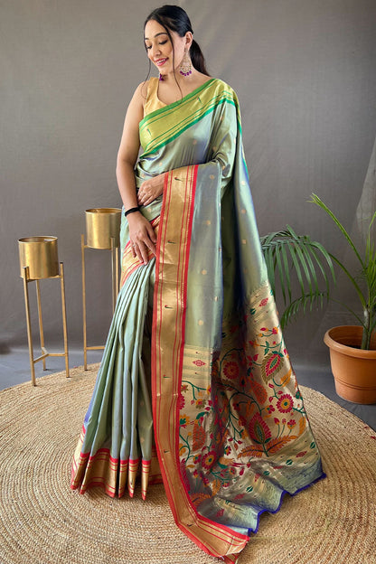 Mint Green Paithani Silk Saree