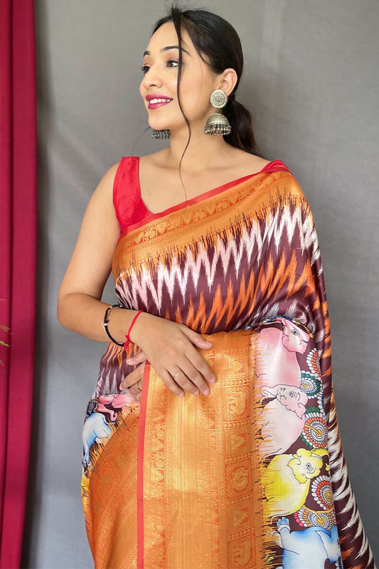 Mulled Wine Kalamkari Printed Soft Silk Saree