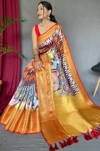 Mulled Wine Kalamkari Printed Soft Silk Saree