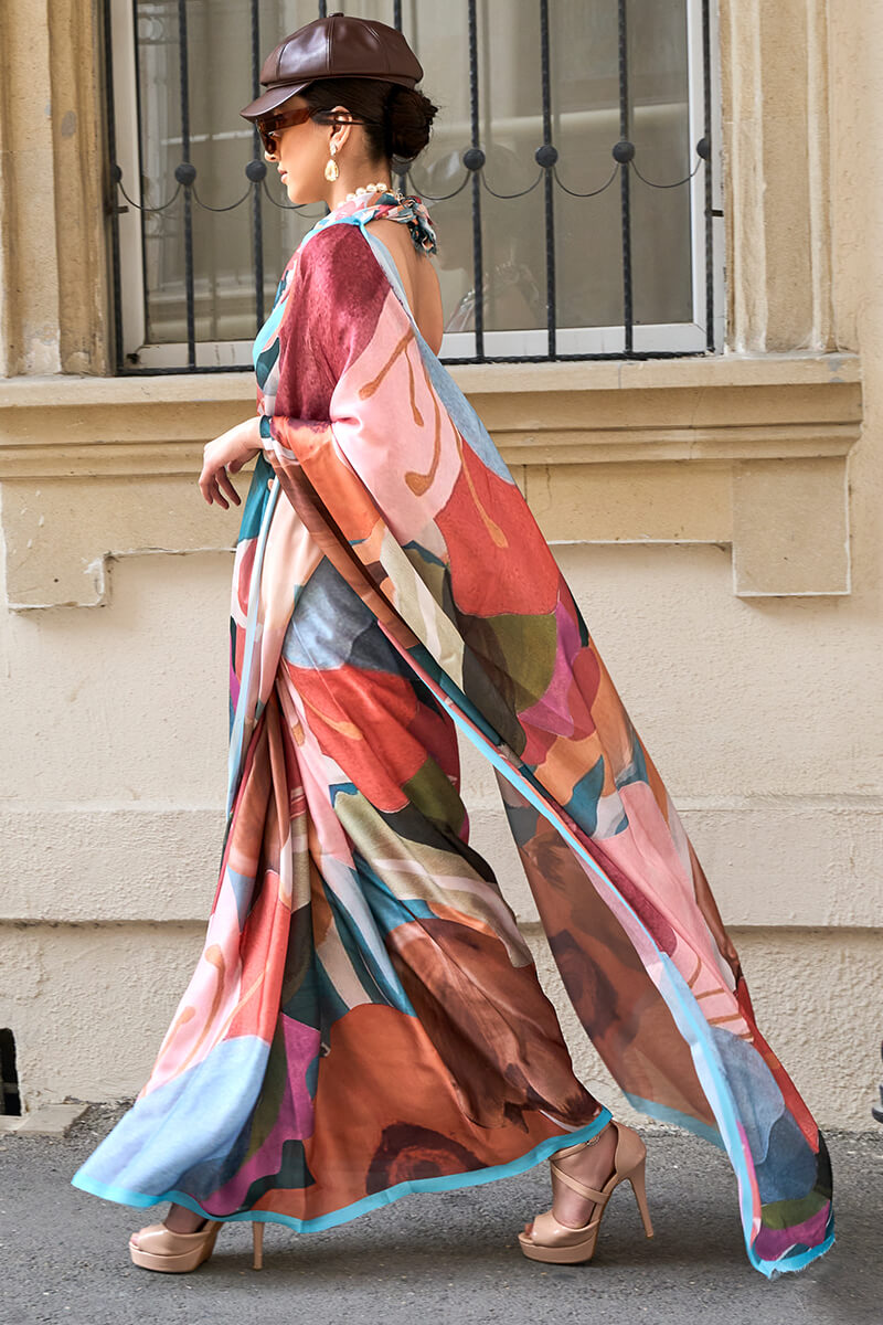 Multi color Printed Satin Georgette Silk Saree