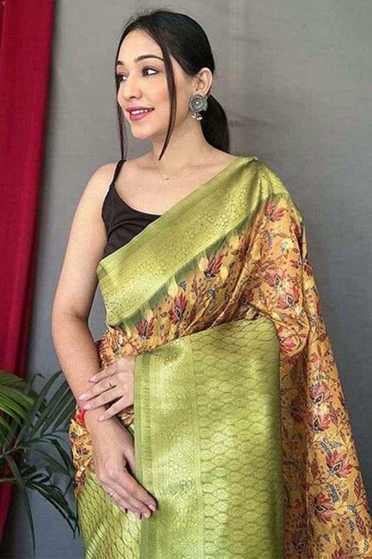Mustard Yellow Kalamkari Printed Soft Silk Saree