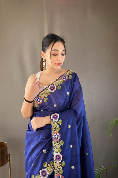 Royal Blue Embroidered Pure Tussar Silk Saree