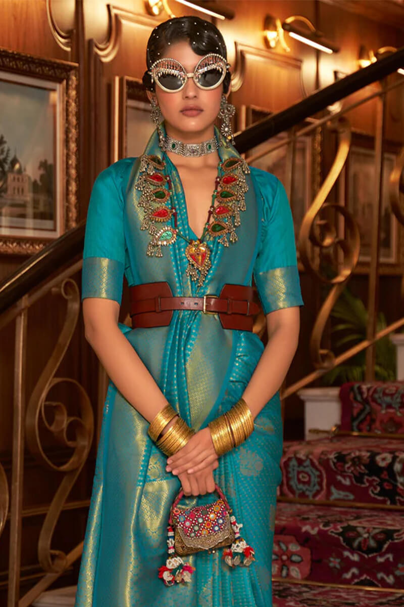 Ocean Blue Zari Woven Kanjivaram Silk Saree