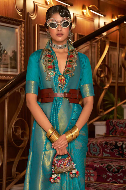 Ocean Blue Zari Woven Kanjivaram Silk Saree