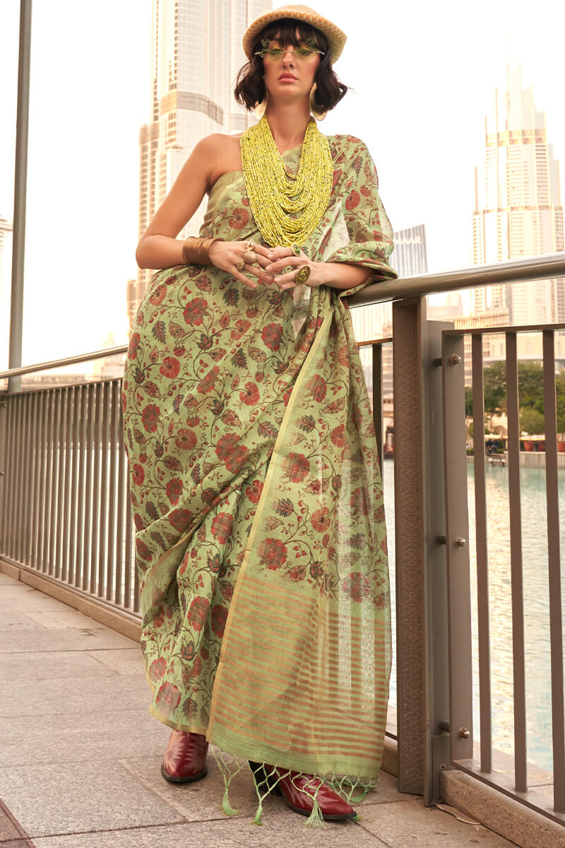 Olive Green Printed Tissue Silk Saree