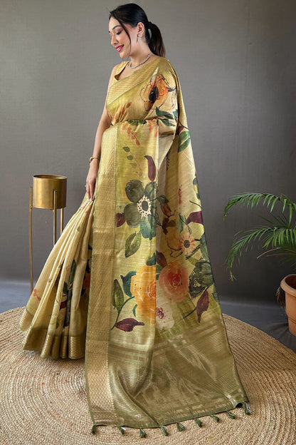 Olive Green Zari Woven Printed Tussar Silk Saree