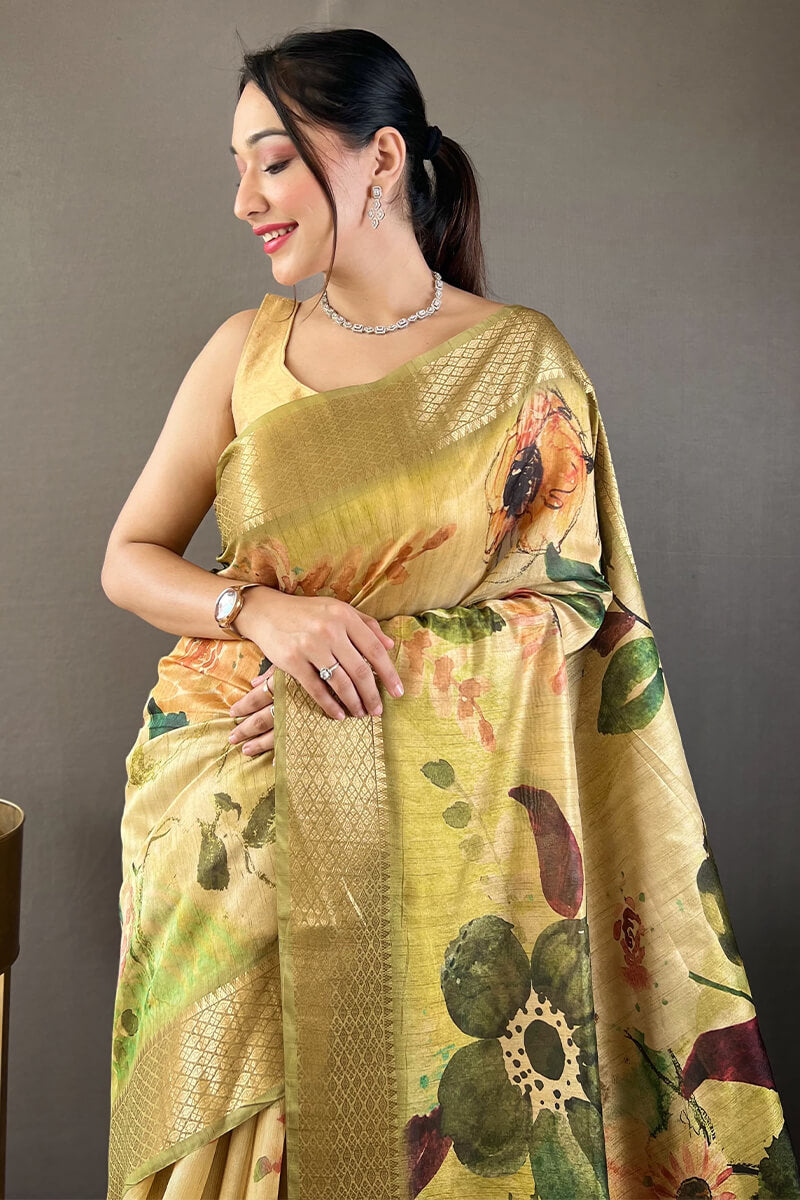 Olive Green Zari Woven Printed Tussar Silk Saree